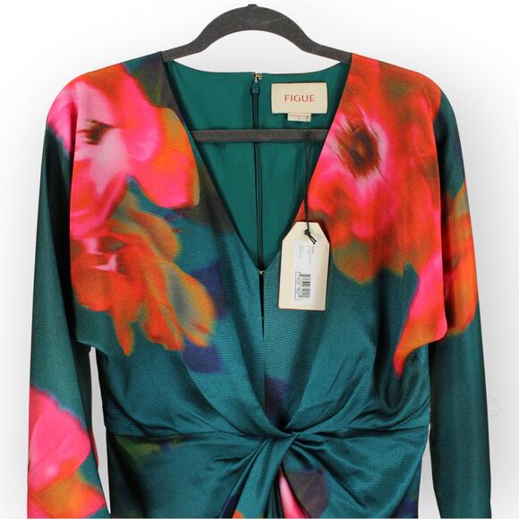 Sz 8 FIGUE Kyle Dress Floral Teal V-Neck Midi Dolman/Kimono TwistFront Satin NEW - Picture 6 of 16